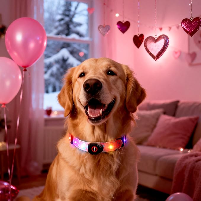 Light Up Dog Collar, LED Dog Collar Glow in The Dark - USBC Rechargeable, 3 Flashing Modes Adjustable Glow Collar, Safety Fashionable Cute Dog Light Up Collars for Medium Large Dogs-Blue Heart Shape