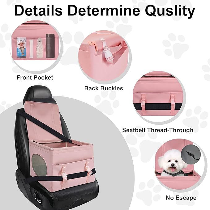 Dog Car Seat for Small Dogs, up to 13lbs, Foldable Dog Car Booster Seat with Non-Slip Bottom, Safety Tether and Storage Pocket, Comfortable Waterproof Fabric, Breathable Mesh Windows, Pink