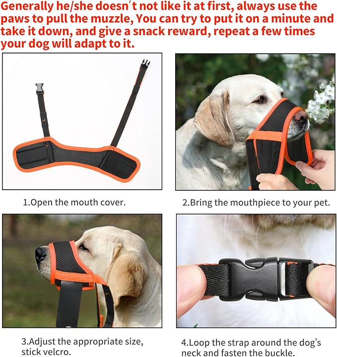 HEELE Dog Muzzle,Soft Nylon Muzzle Anti Biting Barking Chewing,Air Mesh Breathable Drinkable Adjustable Loop Pets Muzzle for Small Medium Large Dogs 4 Colors 4 Sizes (Orange, L)