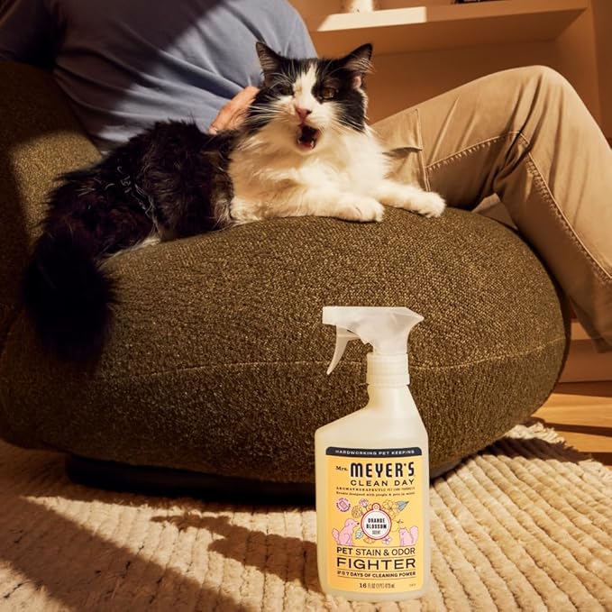 Mrs. MEYER'S Clean Day Cat Care Kit, includes Cat Deodorizing Spritz - White Peach and Pet Stain & Odor Fighter - Coconut Leaf