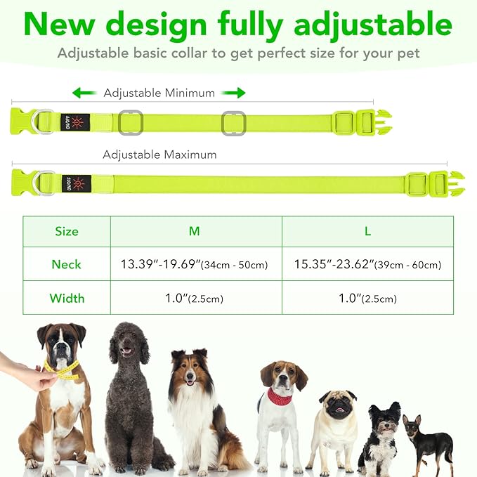LED Dog Collar Light Up Dog Collars USB Rechargeable, Adjustable Size Heavy Duty TPU Nylon Webbing Glow Safety Basic Dog Collars for Large Medium Dogs (L, Neon Green)