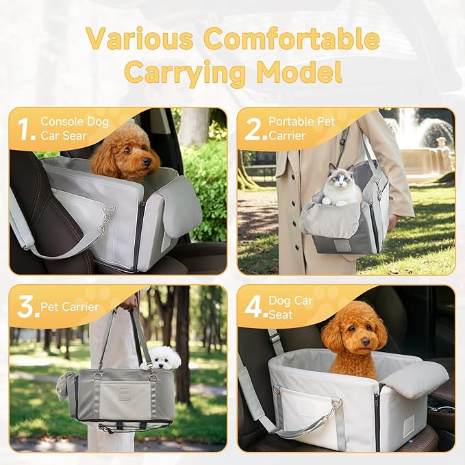 Center Console Dog Car Seat, Dog Car Seats for Small Dogs and Cats with Safety Belt and High Density Sturdy Foam Up to 15Lbs, Leather Grey
