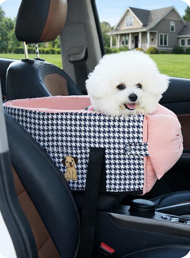 Center Console Dog Car Seat- Portable Pet Travel Bag with Safety Tethers and Removable Cooling Mat, Suitable for Small dags.