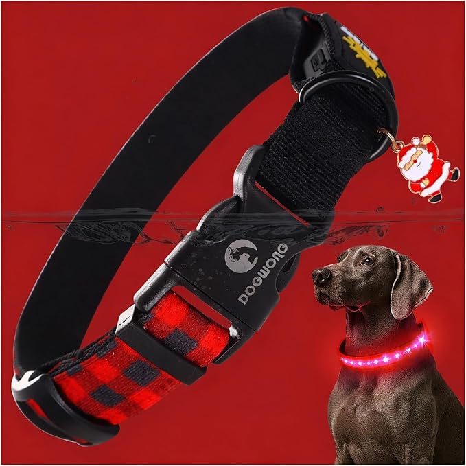 DOGWONG LED Dog Collar - Christmas Red Plaid Heavy Duty Light up Dog Collars - Rechargeable Waterproof - Lighted Dog Collars for Night Walking, Hiking, Camping(Red Plaid,M)