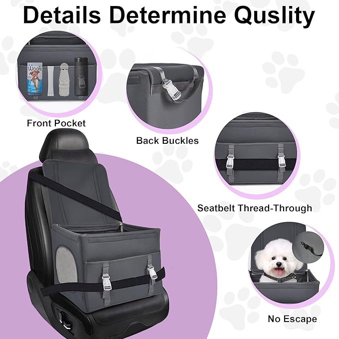 Dog Booster Car Seat, Foldable Puppy Car Safety Seat with 2-inch Elevated Cushion, Fully Detachable and Washable, Convenient to Carry, Easy to Install, Grey