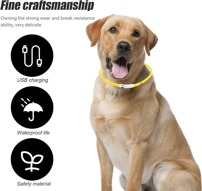 ERINGOGO Luminous Silicone Dog Collar LED Rechargeable Glow Collar Waterproof Yellow Large for Outdoor Night Safety and Pet Visibility