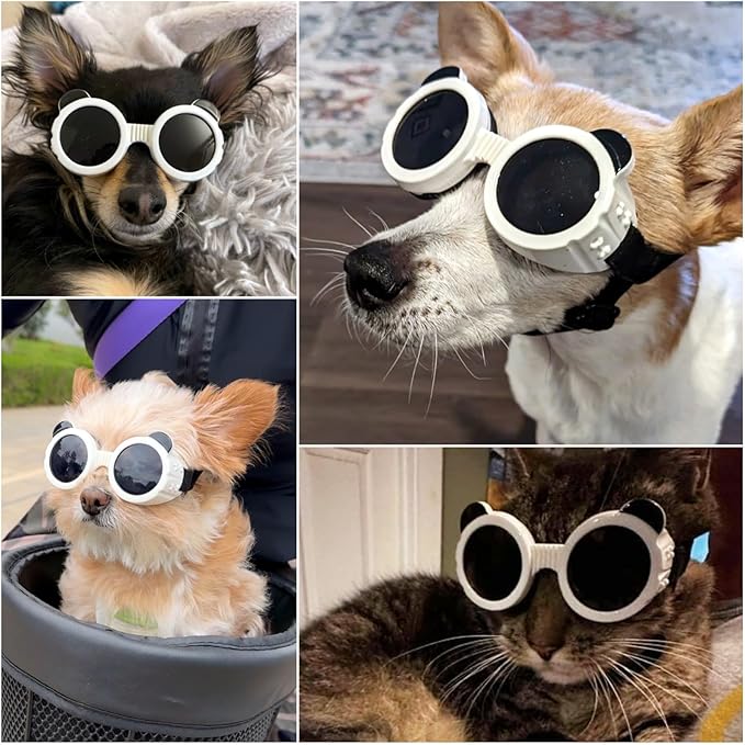 Namsan Dog Goggles Small Breeds, UV Protection Dog Glasses for XSmall to Small Dogs, Chihuahua Sunglases Windproof Dustproof Driving Eye Protection, Adjustable, Panda White
