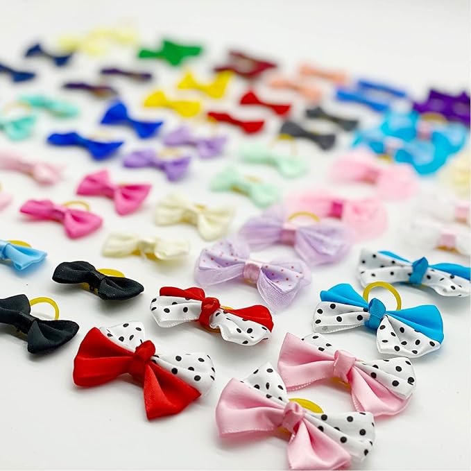 Dog Bows, Cute Hair Bowknot with Rubber Bands Handmade for Puppy Yorkie Grooming Hair Accessories & Varies Patterns Topknot Bows(70 pcs Upgrade Rubber Bands)
