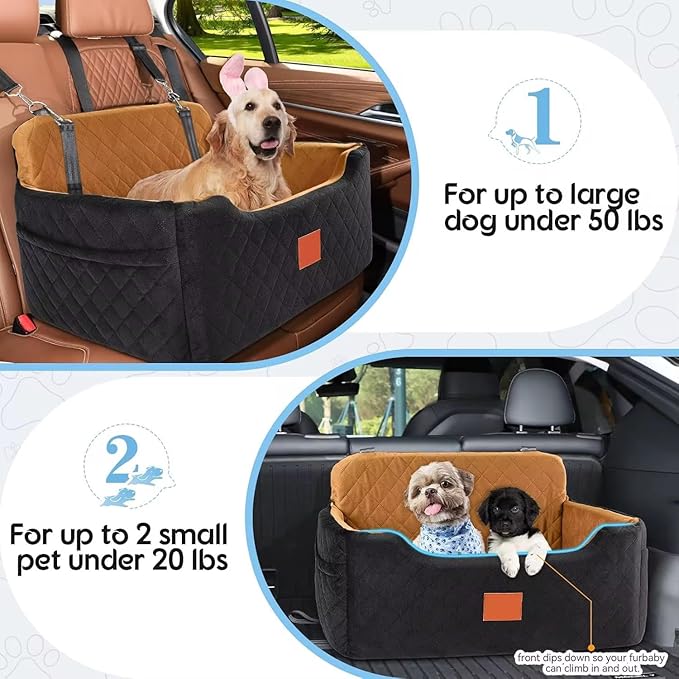 Quilted Pet Car Seat Booster, (Black and Tan) Washable Dog Car Seat with Safety Leash, Elevated Travel Carrier for Small to Medium Dogs