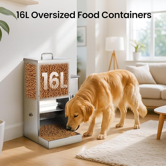 16L Dog Automatic Feeder for Large Pet Stainless Steel Dog Feeder with Timer, Wall-Mountable, Rodent-Proof, Extra-Large Tray for Large Pet