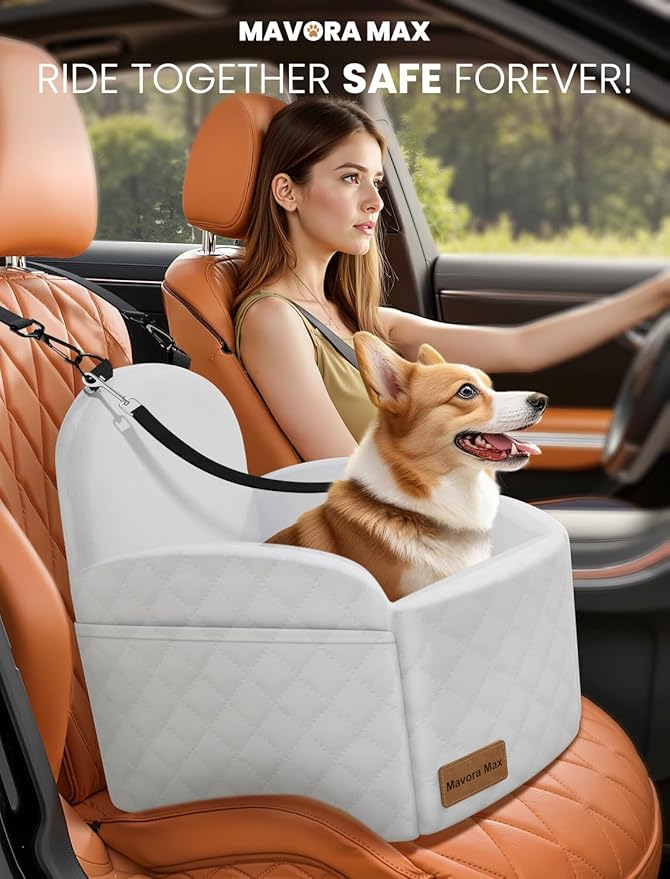 Dog Car Seat for Small/Medium Dogs, Elevated Dog Booster Seat Memory Foam Puppy Car Seat with Washable Cover, Travel Safety Pet Seat for Car with Storage Pockets Up to 35 lbs (White)