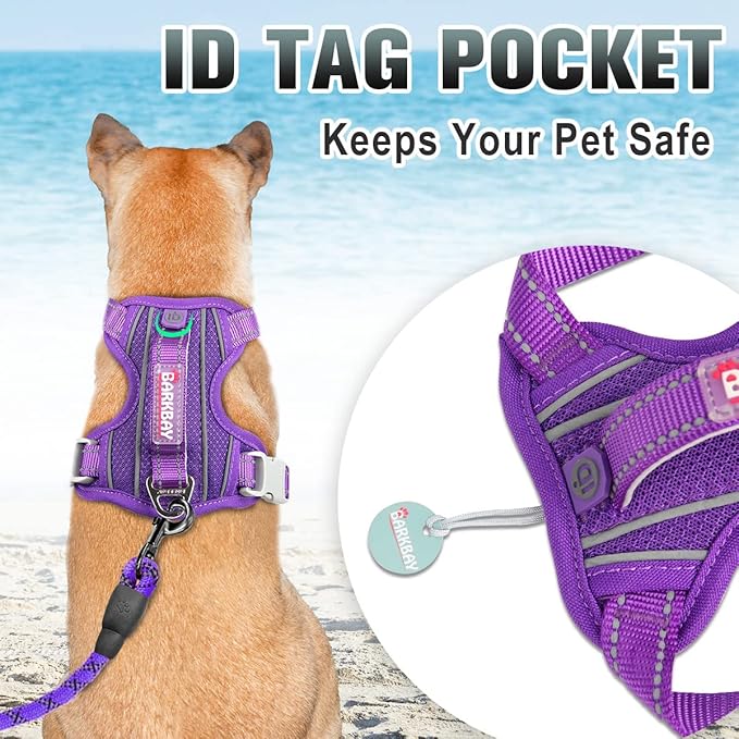 BARKBAY No Pull Dog Harness Large Reflective Dog Harness with Front Clip and Easy Control Handle for Walking Training Running with ID tag Pocket(Purple,L)