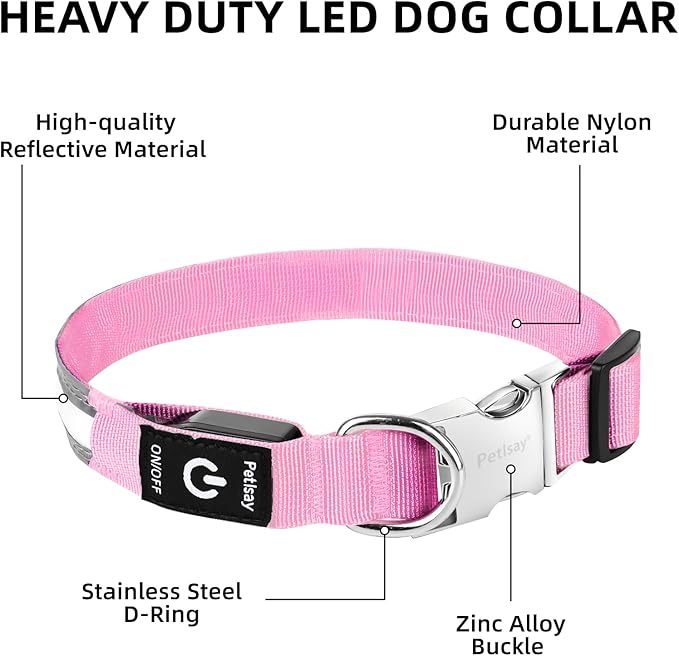 PetIsay LED Dog Collar Metal Buckle - Heavy Duty Light up Collars - Rechargeable IP68 Waterproof - Lighted Dog Collar for Night Walking, Hiking, Camping (Small, Pink)