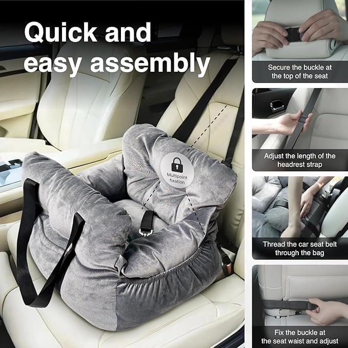 Pet Car Booster Seat for Small Dogs up to 25 lbs with Safety Straps, Storage Pockets, Travel Carrier Bed with Detachable Cover, Machine Washable (Gray)
