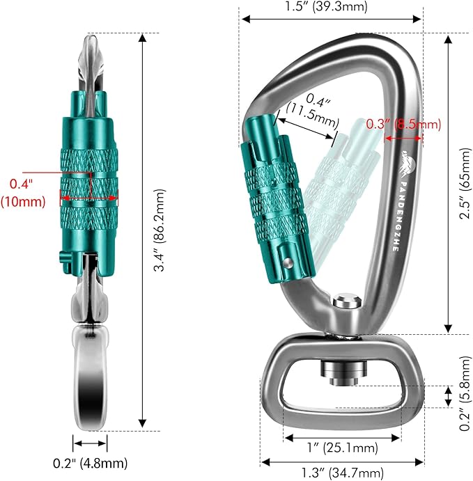 Locking Carabiner Clip 2.5" with Swivel Ring for Securing Pets, Dog Leash Harness, Camping, Hiking, Keychains