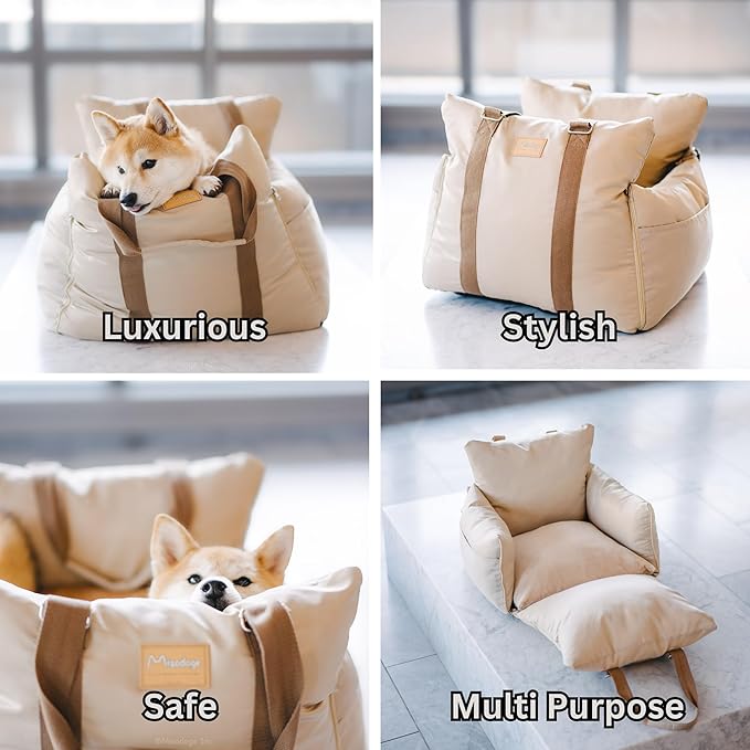 Posh Dog Car Booster Seat for Small Little Dogs, Stylish and Comfortable Design, Small Dog Owner Gift, Travel Bed with Safety Belt, Secure Straps, Perfect for Dogs Under 25 Lbs