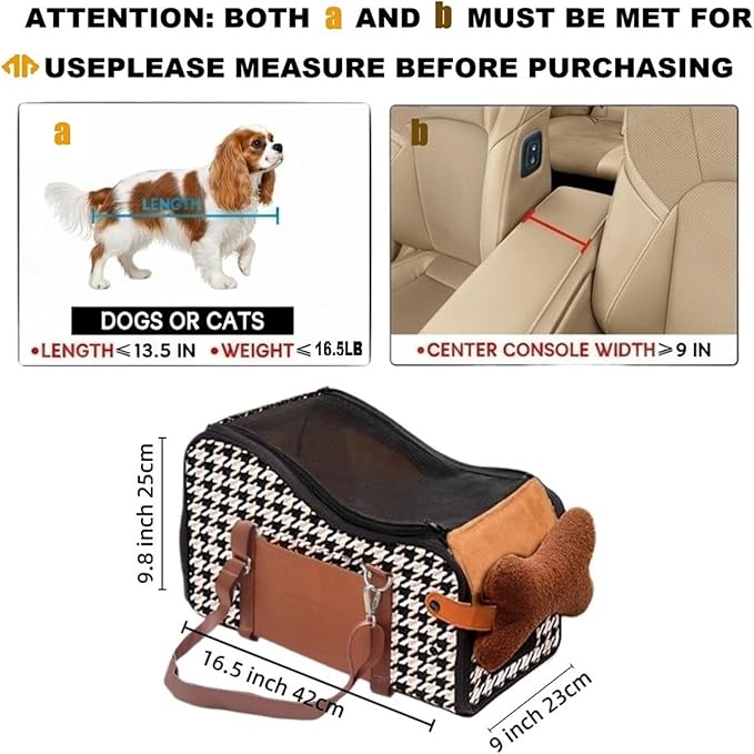 Center Console Dog Car Seat,Pet Puppy Car Seat,Middle Console Dog Armrest Booster Seat for Small Dogs;Cats (Orange Houndstooth)