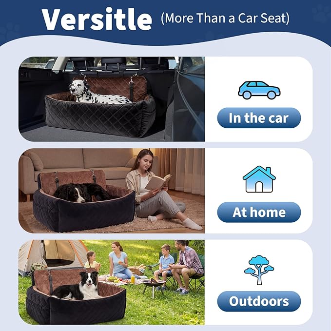 Dog Car Seat for Medium Large Dogs, Washable Pet Booster Bed with 2 Safety Leashes,4” Thick Plush Cushion for Backseat, Anti-Slip Base for SUV Sedan Truck Travel, Black+Dark Brown