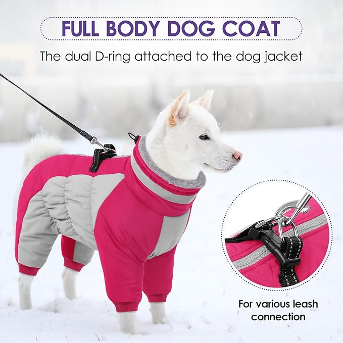 SUNFURA Full Body Dog Coat - Warm Fleece Jacket for Extra Large Dogs, Turtleneck Winter Coats with Harness, Reflective Dog Snowsuit Windproof Puffer Jackets with Legs for Great Dane, Hot Pink 3XL