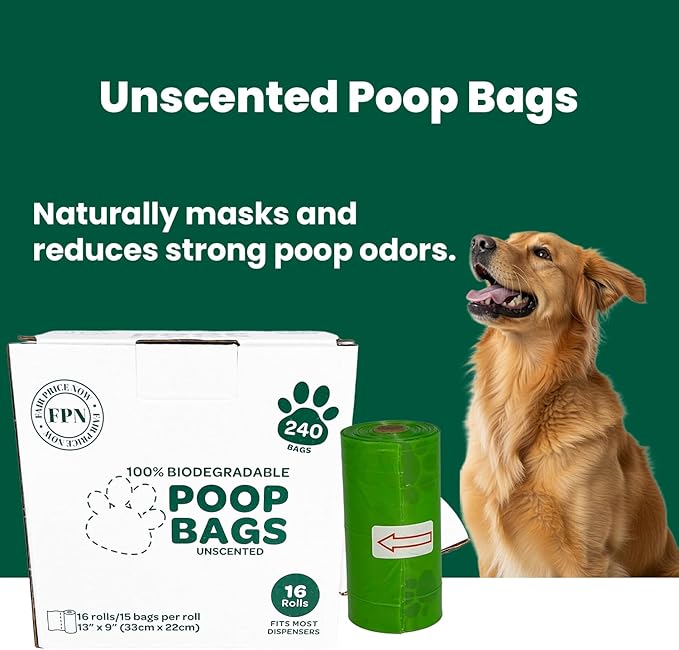 FPN Dog Poop Bags – 16 Rolls - 240 Bags, 13″ x 9″, Fits Most Dispensers – Biodegradable, Leak-Resistant & Earth-Friendly Pet Waste Bags (Unscented)