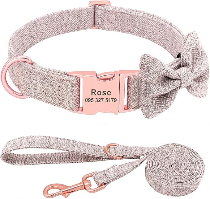 Fashion Personalized Dog Collar Custom Nylon Dog Collars Engraved Name ID Adjustable for Small Medium Large Dog Chihuahua Bownot Set Brown S
