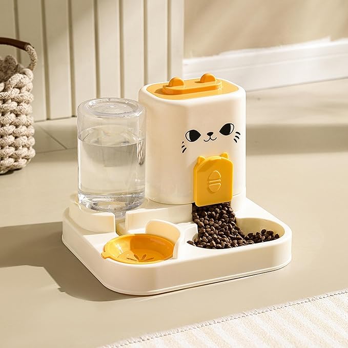 2 in 1 Automatic Pet Feeder and Water Dispenser, 1800ml Dry Food 800ml Water Capacity, Portable Cat Dog Food Bowl for Small Animals- Yellow
