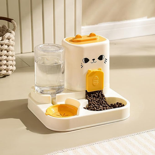 2 in 1 Automatic Pet Feeder and Water Dispenser, 1800ml Dry Food 800ml Water Capacity, Portable Cat Dog Food Bowl for Small Animals- Yellow