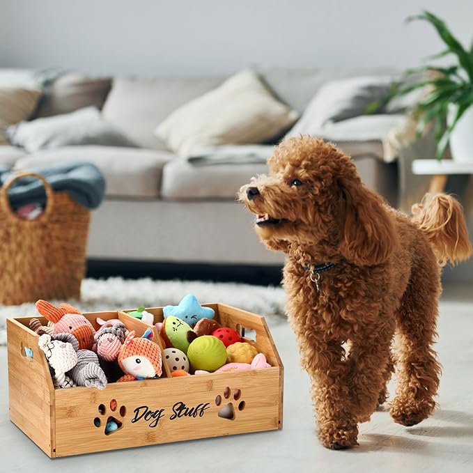 Leinuosen Large Dog Toy Bin Basket, 20 Inch Large Stuff Toy Storage Basket Bin with Bone Handle Cutout Pattern Bamboo Container for Organizing and Storage Dog Leash Chew Toys, (Natural, Divided)