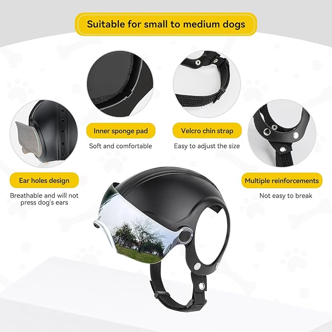 PETLESO Dog Helmet with Anti-UV Silver Goggles, Small Doggy Motorcycle Helmet with Ear Holes, Adjustable Outdoor Drop-Down Biking Safety Hat for Small Dogs Heads Protection