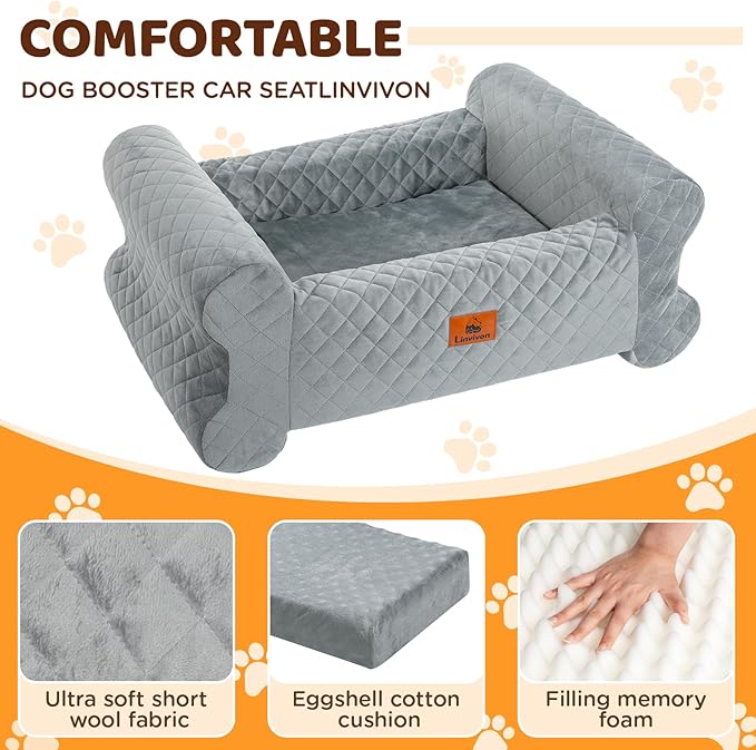 Dog Car Seat for Medium/Large Dogs up to 60 lbs, Memory Foam Dog Booster Seat with Thick Cushion, Pet Car Seat for Back with Detachable Washable Cover, Storage Pockets for SUV, Pick Up, Trunk, Grey