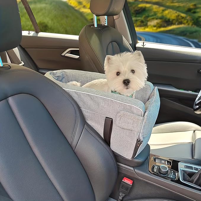 Center Console Dog Car Seat with Safety Strap Soft Cotton Cushion Detachable Armrest Pet Seat for Small Dogs Cats Under 14lbs Portable Travel Bag for Cars SUVs (Light Grey)