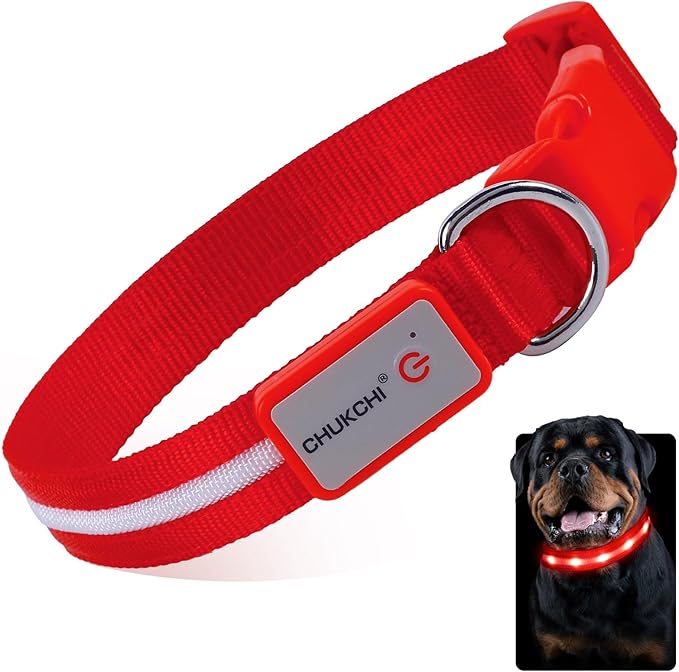 CHUKCHI LED Dog Collar Rechargeable,Waterproof Flashing Collar,Light Up Glow Collar, Adjustable Soft Safety Light Up for Small Medium Large Dogs Walking Camping at Night (Red-M)