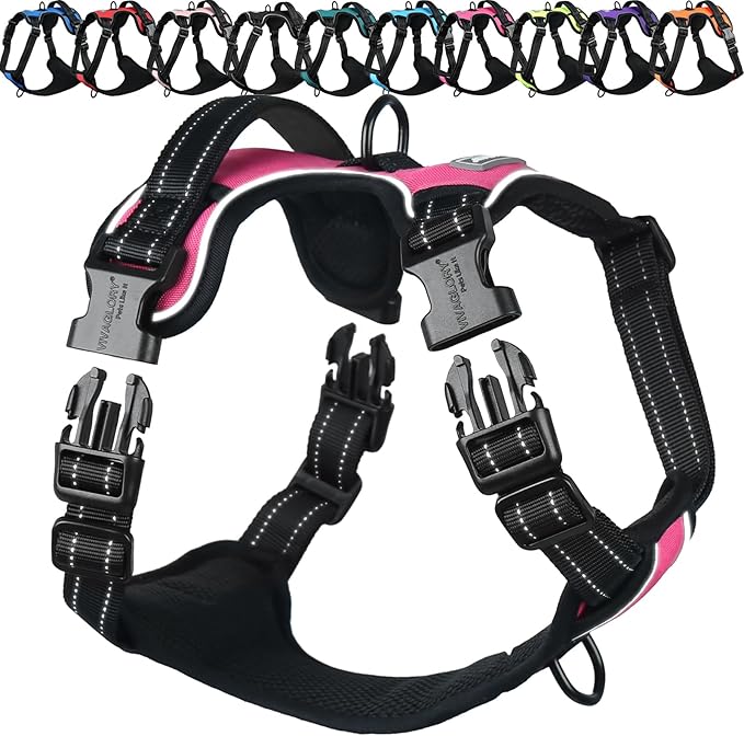 VIVAGLORY Dog Harness Easewalk No Pull Dog Harness with Handle Front Clip & Back Clip for Training Walking Lifting, No Pull Adjustable Easy On Padded Comfortable for Pet, XL, Pink - Plain