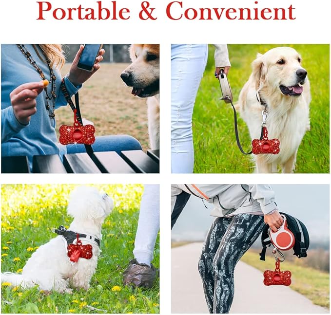 SAVORI Dog Poop Bag Holder Bling Crystal Dog Waste Bags Dispenser for Pet Dog Doggy with Carabiner Clip Includes 1 Roll 15 Bags (Red)