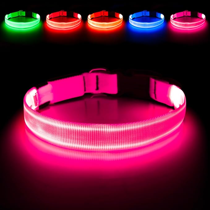 Illumifun LED Dog Collar, USB Rechargeable Light Up Dog Collars, Waterproof Adjustable Safety Collar Light for Small Dogs Walking at Night (Pink, Small)