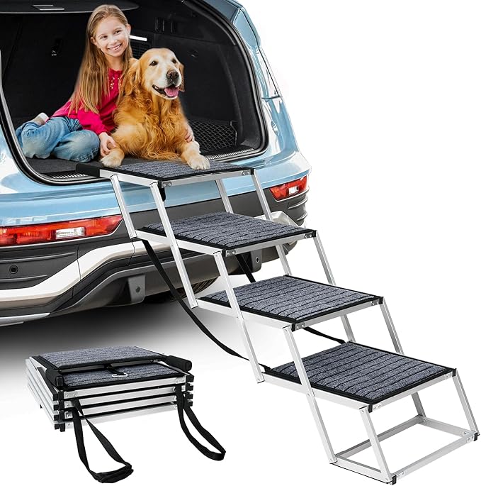 Dog Ramp for Car, Extra Wide Dog Car Stair for Large Dogs, Pet Steps Lightweight Aluminum Foldable Dog Steps for Cars and SUV,High Beds, Trucks, Supports up to 200 lbs (Extra Wide-4 Steps with Rug)