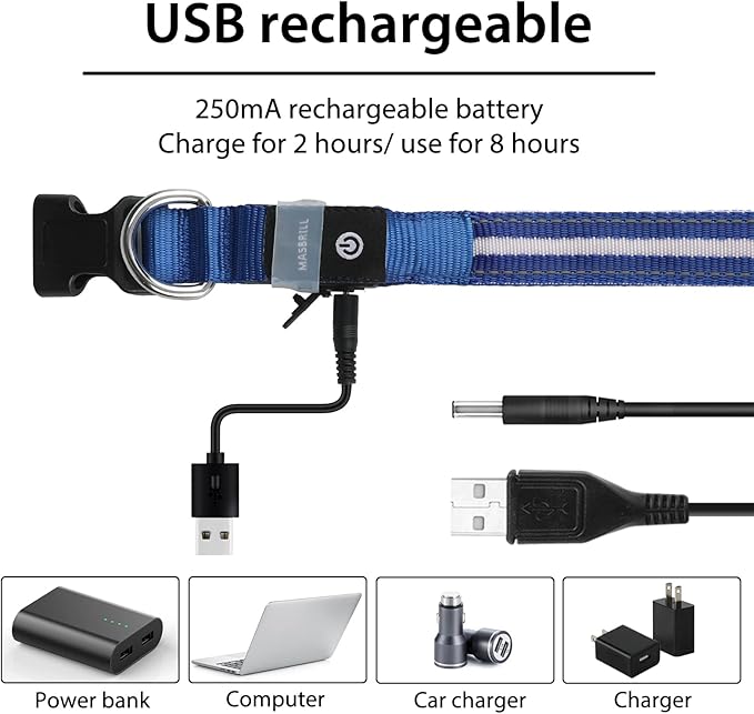 MASBRILL Led Dog Collar - Rechargeable, Water-Resistant, Flashing, Glowing, Night Walking Collar for Dogs - Blue, Size M (19.69*0.98inch)