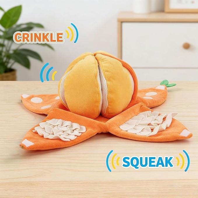 Orange Plush Dog Toy, 3 in 1 Interactive Puzzle Snuffle Toys with Hidden Pockets for Small Medium Dogs, Nose Work Pet Puzzle Toy for Boredom