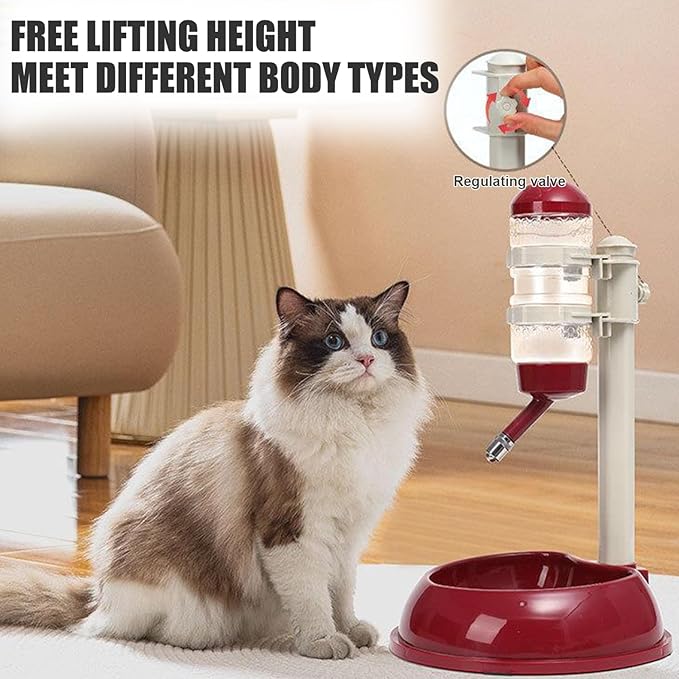 Dog Water Bottle Dispenser and Food Bowl, No-Drip Automatic Dog Water Bowl Dispenser with Adjustable Stand, Detachable Pet for and Cat, Wine Red