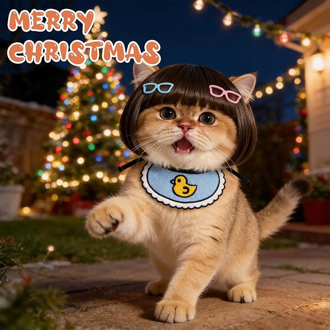 Funny Cat Bangs Bob Wig - with Ear Holes, Adjustable Elastic Band & Trimmable, Built-in Knitted Bandana & Bow Clip, Cat Cosplay Costume for Halloween Christmas Parties Festivals (Black)
