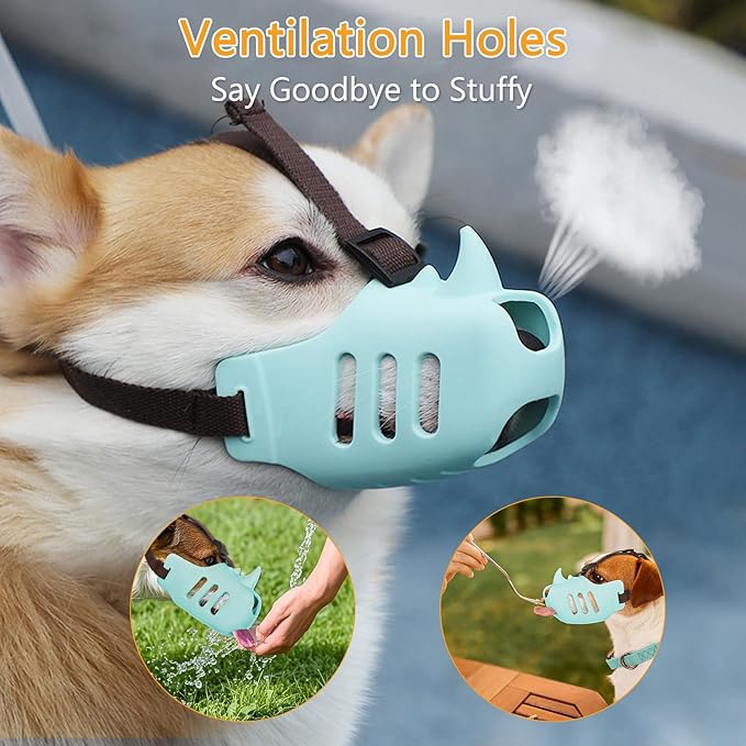 NACOCO Anti Bite Dog Muzzle - Dog Soft Mouth Rhino with Adjustable Strap Covers Breathable Silicone Cage Pet for Biting Chewing Small Medium (Blue Rhino, S)