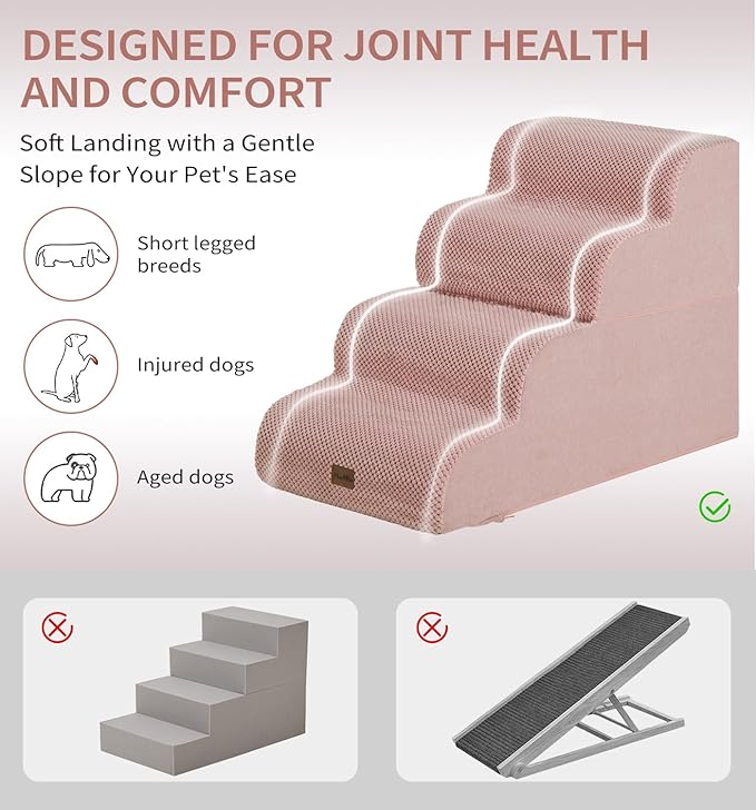Made4Pets Dog Stairs Ramp for Bed 19.7" H, 4-Step Dog Steps for High Bed Couch Sofa Climbing, 35D Foam Pet Steps for Small Dogs and Cats, Non-Slip Bottom Pet Stairs, Pink