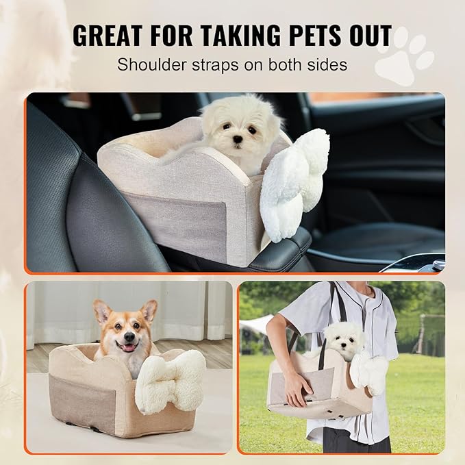 Happybuy Console Dog Car Seat, Center Console Dog Booster Seat for Small Dog, Pet Car Seat for Car Armrest with Clip-On Leash, Adjustable Straps, Supports up to 8lbs, Light Brown