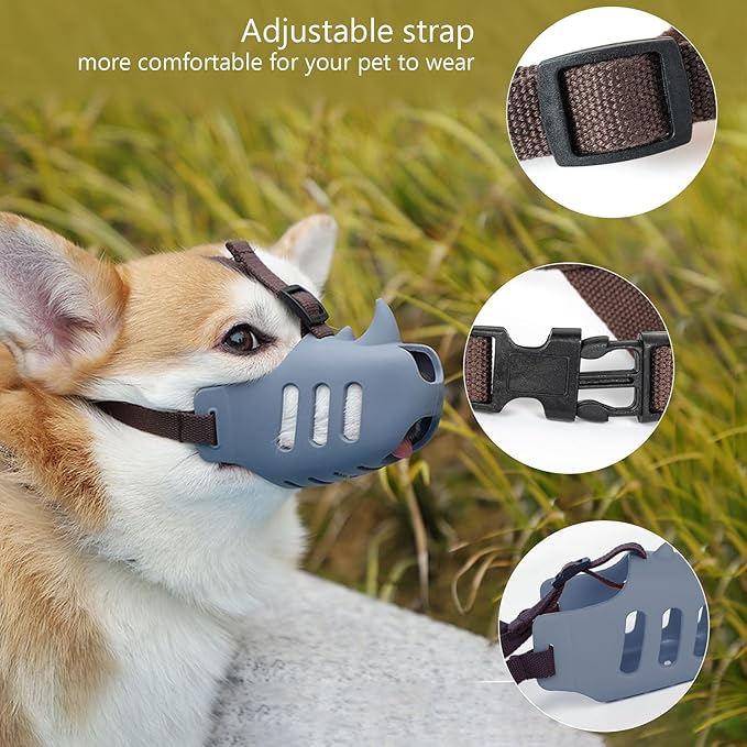 NACOCO Anti Bite Dog Muzzle - Dog Soft Mouth Rhino with Adjustable Strap Covers Breathable Silicone Cage Pet for Biting Chewing Small Medium (Grey Rhino, L)