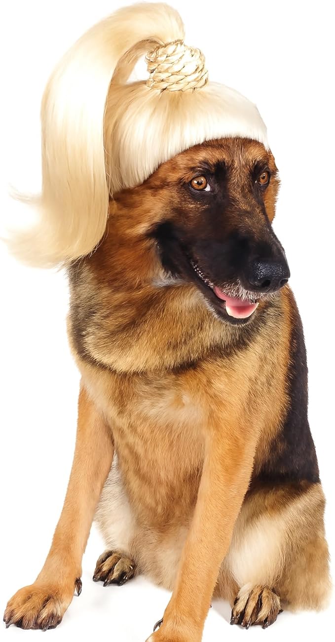 Blond Long Hair Ponytail Funny Pet Wig – DIY Haircut & Adjustable Fit – Cat & Dog Costume for Halloween, Party, Photo Shoots – 3D Natural Look – Fits 5kg-50kg Pets
