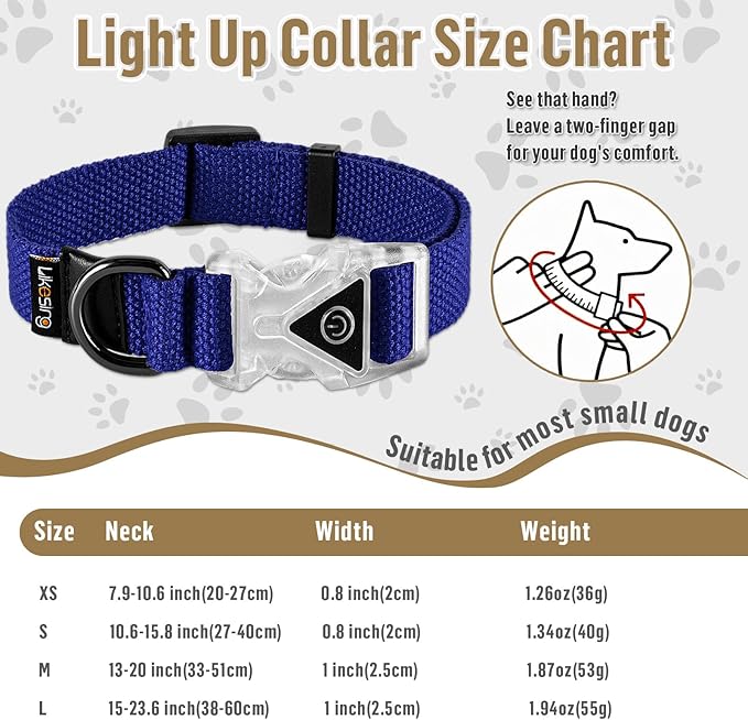 Small Light Up Dog Collar, Cotton Blue Dog Collar Girl Boy, Lighted Dog Collars for Night, IP67 Waterproof Lighted Dog Collars for Small Dogs with Buckle, D-Ring (9.8"-15.7" L, 3/4" W)