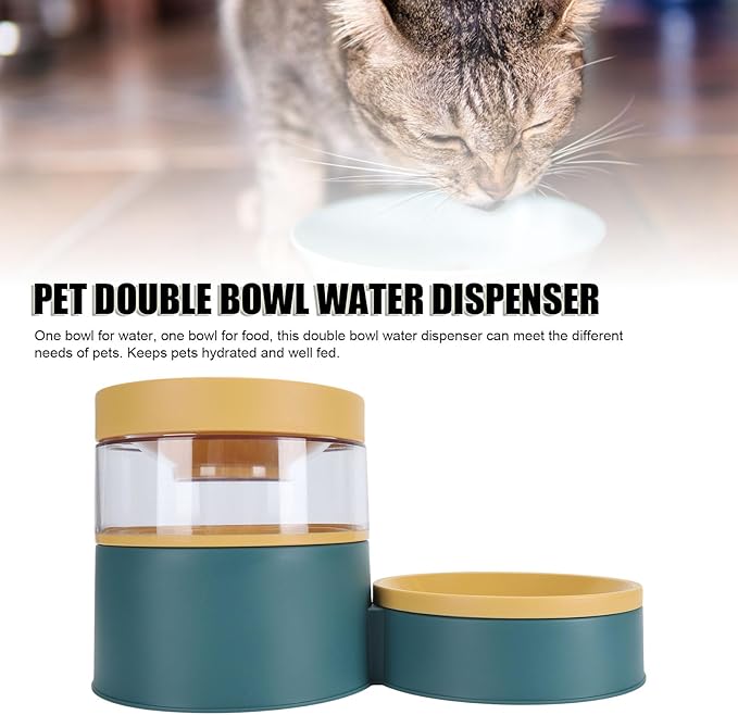 Pet Double Bowl Water Dispenser, 1L Neck Protection Anti Tip Cat Dog Food Water Bowl, Automatic Water Dispenser Dog Basin Cat Basin Pet Feeder for Dogs Cats (Green)