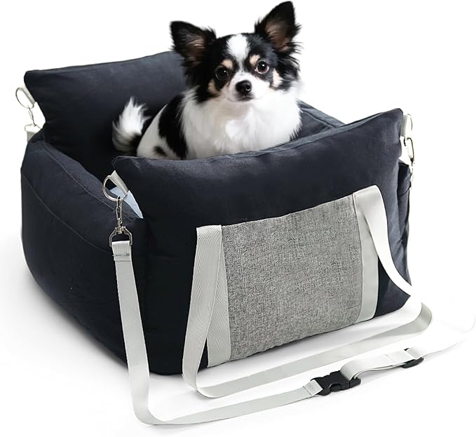Pet Car Booster Seat for Small Dogs up to 25 lbs with Safety Straps, Storage Pockets, Travel Carrier Bed with Detachable Cover, Machine Washable (Black)
