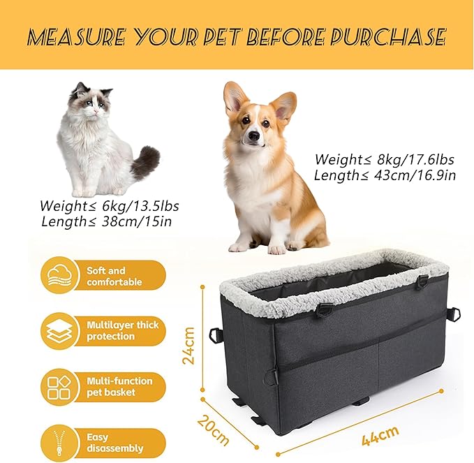 Center Console Dog Car Seat for Small Dogs Pets Under 20lbs with Additional Safety Belt Puppy Rope, Foldable&Washable Car Seats for Dogs with Pocket, Pet Cars Cushion, (Grey 17 * 8 * 9inch)