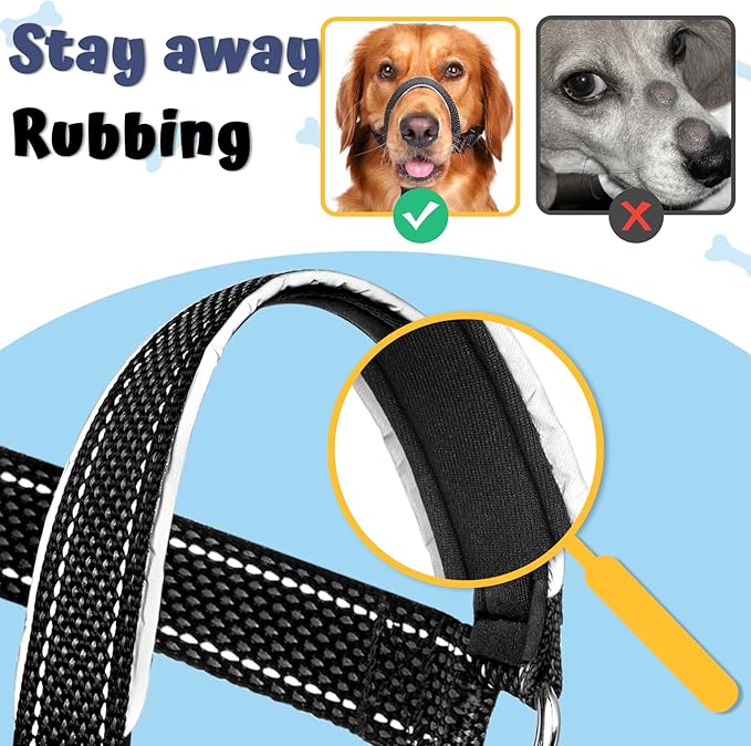 BARKLESS Dog Head Collar, Soft No Pull Head Halter, Reflective Muzzle Leash with Safety Link, Adjustable Headcollar, Padded Nose Leash for Large Medium Dogs Training Walking (Black, M)
